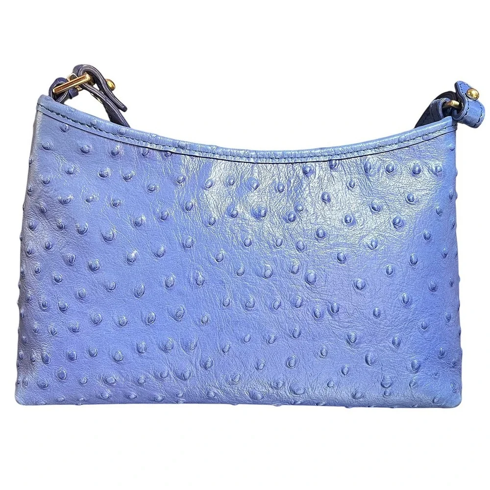 Brahmin Periwinkle Blue Ostrich Embossed Leather Small Shoulder Bag Gold Logo‎
